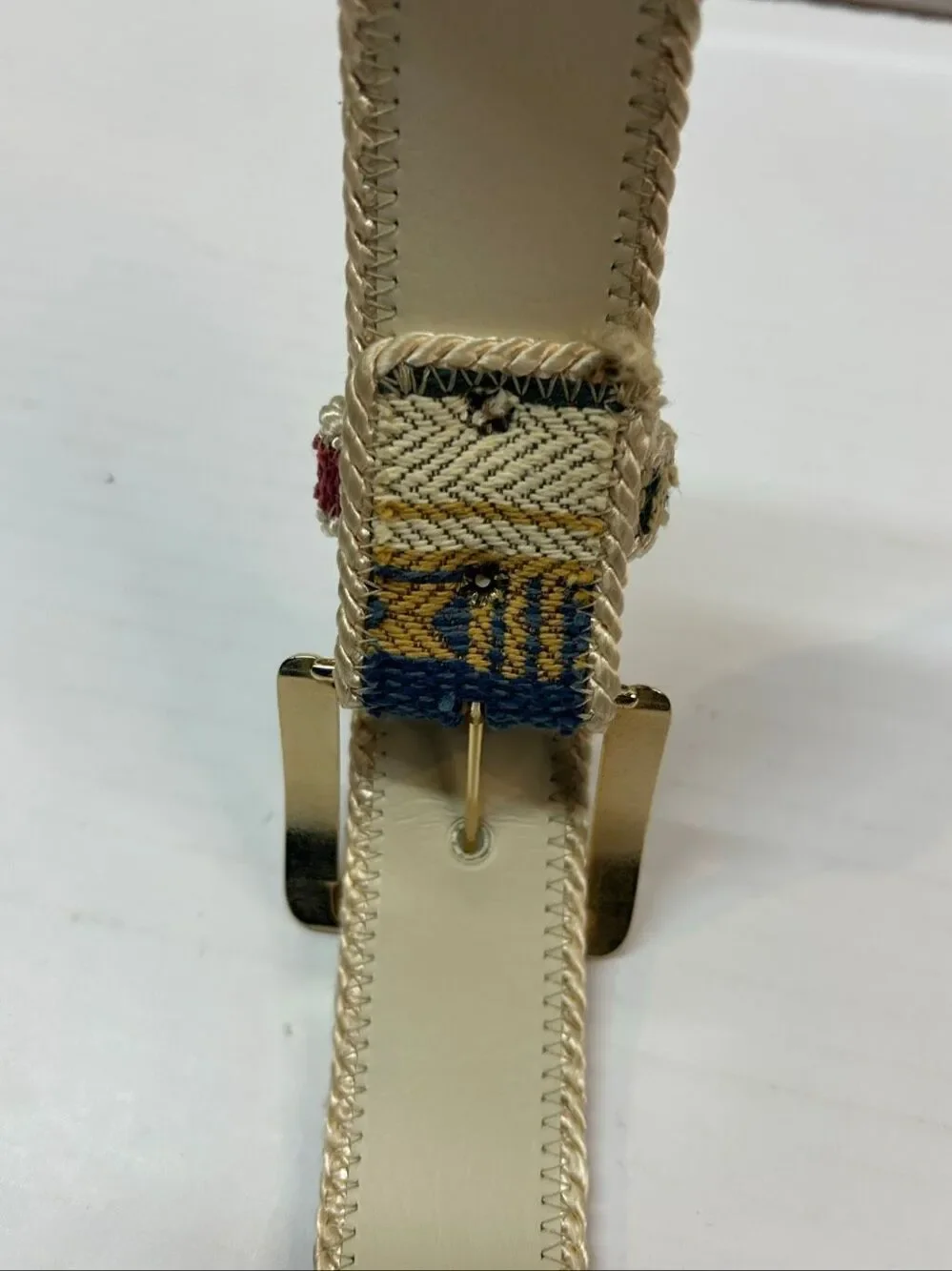 Vintage Woven Aztec Tapestry Belt Size 3X Southwestern Boho Bonded Leather Brass